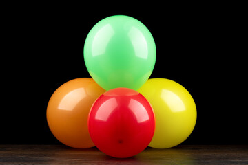 Green ball on top, orange, yellow and red on the bottom. A bunch of colorful balloons on a wooden table against a black background.