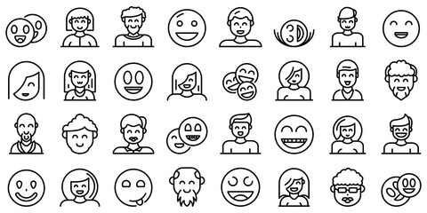 Smiling people icons set. Outline set of smiling people vector icons for web design isolated on white background