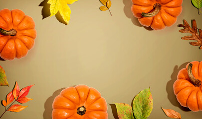 Autumn pumpkins with colorful leaves overhead view - flat lay