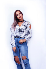 young pretty hipster girl posing emotional happy smiling on white background, lifestyle people concept