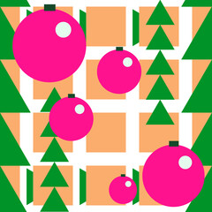 Geometric seamless Christmas, New Year pattern. Circles, triangle, rectangle, christmas decorations, christmas trees.