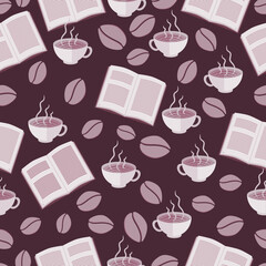 Seamless pattern with coffee beans, hot coffee cups and books. 