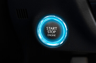 Start and stop engine button in a modern car