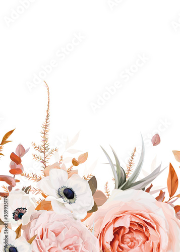 Vector Floral Bouquet Border Frame Pattern With Stylish Fall Garden Blush Peach Pink Roses White Anemone Flowers Autumn Colorful Orange Brown Eucalyptus Leaves Watercolor Wedding Invite Banner Wall Mural Alewiena