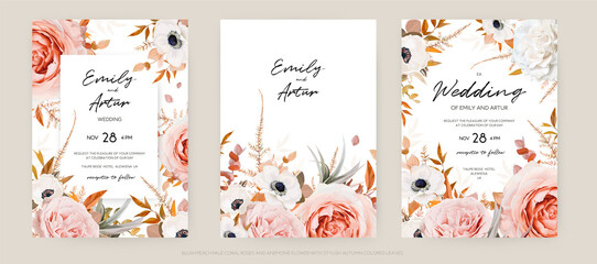 Vector floral autumn wedding invite card template set. Lush fall leaves, blush peach, pink and ivory roses, white anemone flowers bouquet decorative watercolor style stylish frame. Editable & isolated
