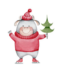 Pig dressed in red hat and sweater holding christmas tree in its hand skating. Watercolor illustration isolated on white.