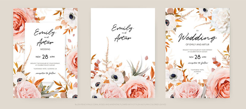 Vector Floral Autumn Wedding Invite Card Template Set. Lush Fall Leaves, Blush Peach, Pink And Ivory Roses, White Anemone Flowers Bouquet Decorative Watercolor Style Stylish Frame. Editable & Isolated