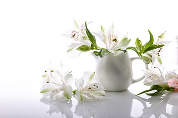 Graceful white flowers and a coffee milk jug on a glossy background. Alstrameria. Still life. Copy space