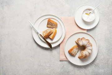 Homemade sweet bundt cake with powdered sugar