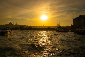 Cityscape of Istanbul and ferries. Istanbul background photo. Sunset in Istanbul. 