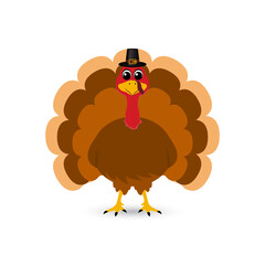 Thanksgiving cartoon turkey stands on a white background. Vector illustration for the holiday