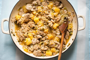 Pork tenderloin stir fry with scallions and pineapple 