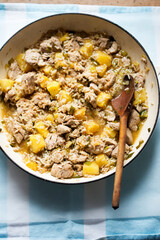 Pork tenderloin stir fry with scallions and pineapple 