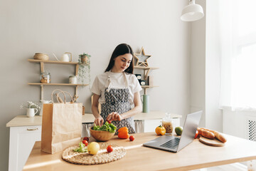 Young caucasian woman in apron use laptop computer in the modern kitchen, preparing salad, read recipe.