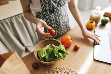 Young caucasian woman in apron use laptop computer in the modern kitchen, preparing salad, read recipe.