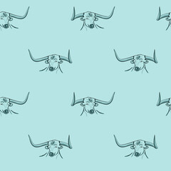 Seamless pattern of the symbol of the new 2021. Silhouette of a bull's muzzle with long horns in blue and turquoise colors. Hand drawn animal sketch