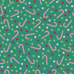 Christmas candy cane and confetti seamless pattern in classic green and red colors.