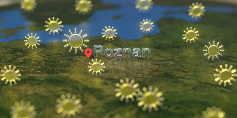 Poznan city and sunny weather icon on the map, weather forecast related 3D rendering