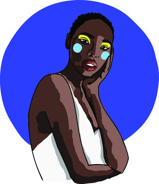 Afro American women fashion vector illustration. modern sketch beautiful dark-skinned girl. Contemporary art. black skin. Graphic line . makeup 