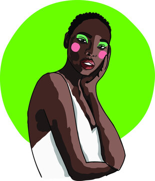 Afro American women fashion vector illustration. modern sketch beautiful dark-skinned girl. Contemporary art. black skin. Graphic line . makeup 