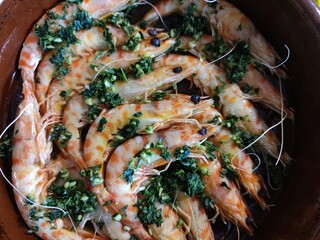 Shrimps, prawns prepared with garlic and parsley, spanish cuisine.