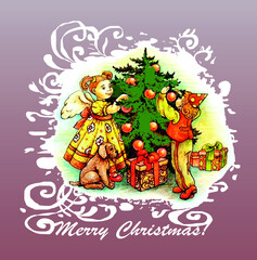 Сhristmas card, a girl and a boy are decorating a Christmas tree.