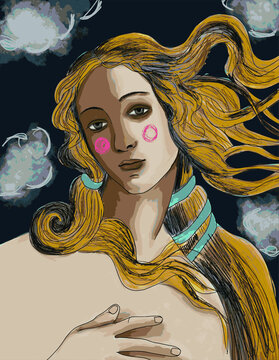birth of venus vector illustration. sandro boticheli. beautiful blond woman. italian girl. Modern art. Hand drawn