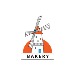 Bakery house logo. Vector illustration of colorful windmill isolated on white background with orange summer sun. Beautiful simple icon for food packaging design or printing on any surface