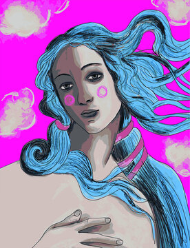 birth of venus vector illustration. sandro boticheli. beautiful blond woman. italian girl. Modern art. Hand drawn