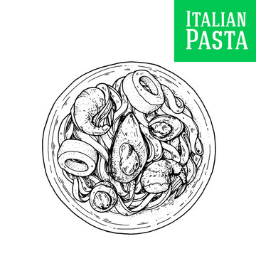 Pasta dish vector illustration. Italian cuisine. Pasta dish. Hand drawn sketch illustration. Italian food. Top view.