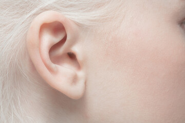 Ear. Close up portrait of beautiful albino female model. Parts of face and body. Beauty, fashion,...