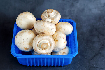 Fresh organic mushrooms in plastic containers on a gray background.