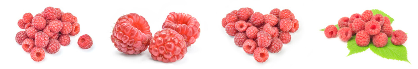 Collection of raspberry fruit over a white background