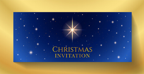 Christmas Invitation (Merry Christmas holiday invite). Holy night vector illustration. Night sky with Christmas star and starry dark blue sky