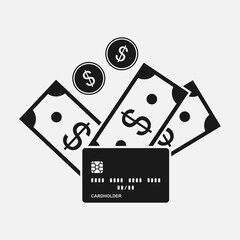 Credit card and cash withdrawal vector icon isolated on white background.