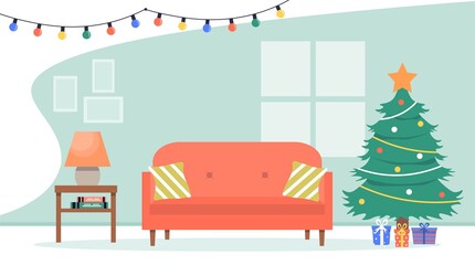 Christmas room interior. Christmas tree, gifts, light bulb chain, sofa, lamp. Cozy festive interior in cartoon style. Vector illustration in flat style .