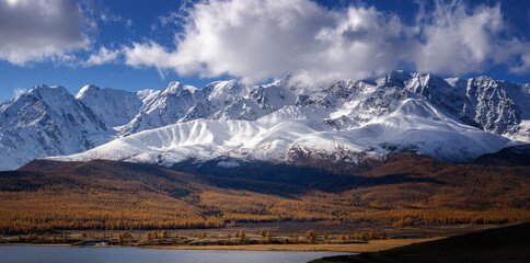 Naklejka na ściany i meble panorama of the Chui range with lake Dzhangyskol and the Aktur mountains, Russia, Gorny Altai