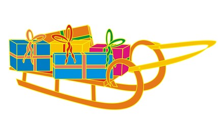 Sledge and Christmas gifts, isolated vector illustration,	