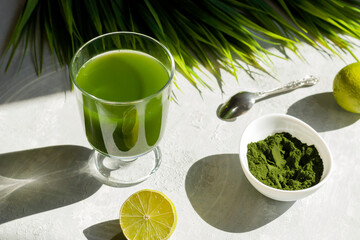 Chlorella detox healthy drink in glass with lime and powder on light background. Superfood, natural antioxidant for a green diet. Anti-aging effect. Hard shadows.