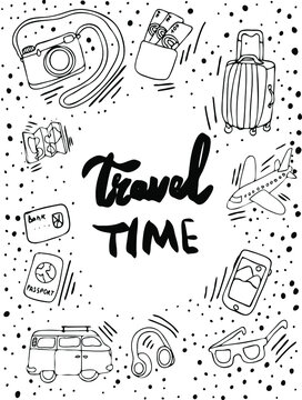 Set travel vector illustration. travel time. tourist set. plane, suitcase, map. graphic sketch. Lettering