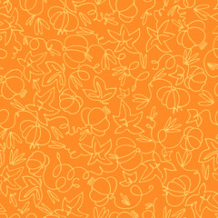 Seamless pattern with pumpkins on orange background. Hand drawn vector illustration. Thanksgiving Day concept, autumn concept, healthy vegetables concept