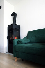 Modern scandinavian living room with green sofa and a modern freestanding contemporary fireplace.