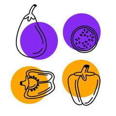 Vector vegetables. Linear eggplants and peppers on a colored circle. Food icons