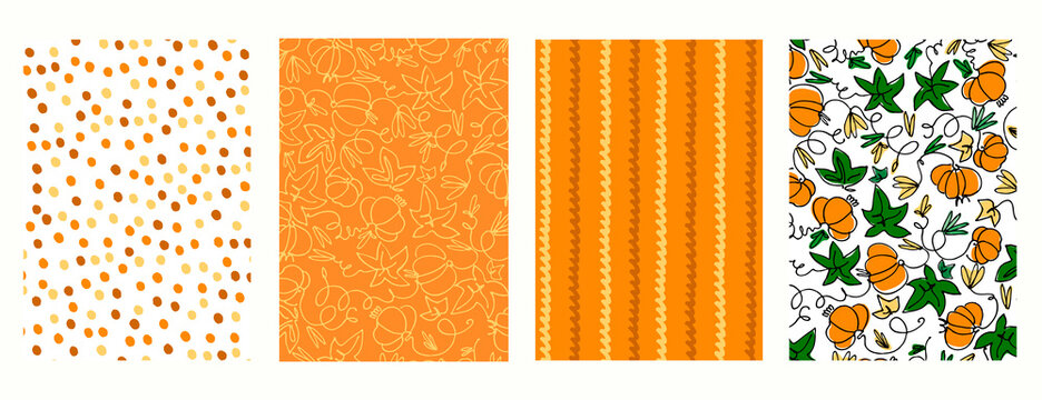 Set of seamless patterns for Thanksgiving Day gifts wrapping. Holidays backgrounds with pumpkins and orange colores