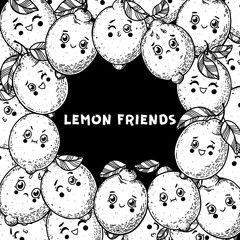 Lemon hand drawn vector illustration. Character lemon for design. Black and white style. Citrus lemon pattern illustration. Lemon packaging design. Cute food kawaii. Hand drawn sketch.