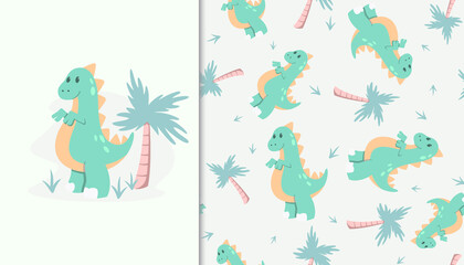 Seamless pattern with Cute Dinosaur and Tree. Vector Illustration.