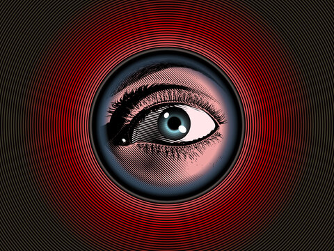Vintage drawing human eye look through peephole on red BG