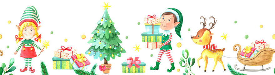 Watercolor Christmas border with Christmas tree,girl-elf,