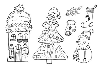 Fototapeta na wymiar Black outline Christmas doodle collection on white background. Hand drawing cute house in Santa hat, mitten, snowmen and tree with garland.
