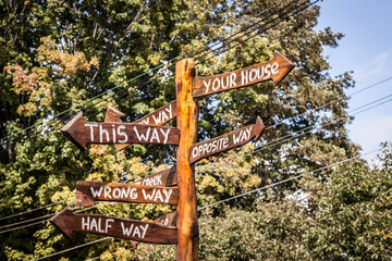 Whimsical wooden directional sign carved with vague non-specific locations on arrow shaped posts.